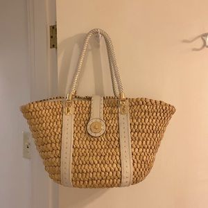 Michael Kors Straw Tote with light grey leather handle